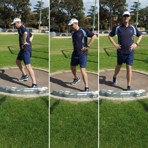 Three-photo sequence depicting a front view of how young throwers can be taught to drive their hips through to the front 